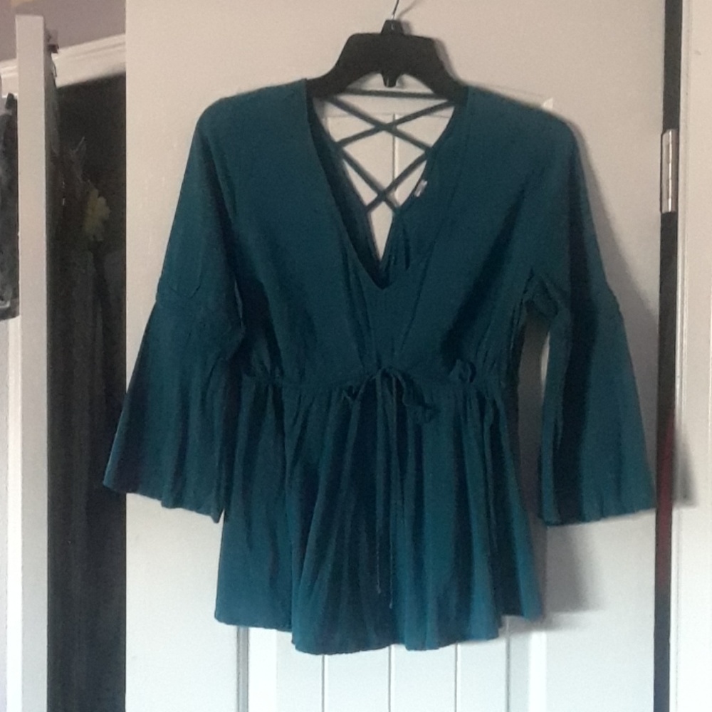 N.B. Teal mid-tie-gather 3/4 bell sleeved top